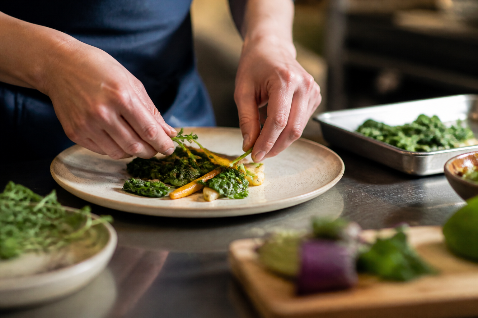A local restaurant owner plating a dish